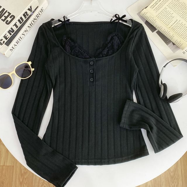 Long Sleeve Lace Trim Ribbed Henley Knit Two-Piece Top