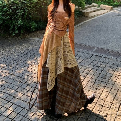 Off Shoulder Tie Dye Asymmetrical Tie-Up Top & High Waist Plaid Lace Maxi Skirt