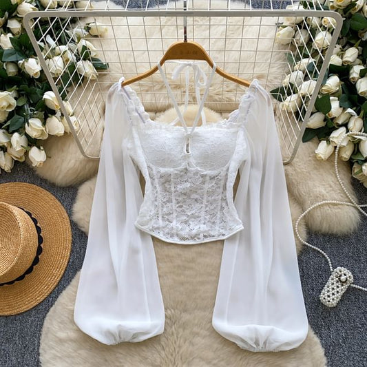 Balloon Sleeve Halter Square Neck Lace Top