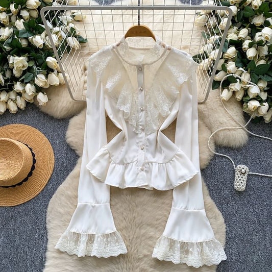 Stand Collar Ruffle Faux Pearl Button Lace Blouse