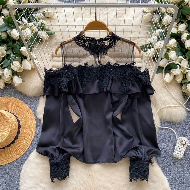 Cold Shoulder Mock Neck Ruffle Lace Mesh Blouse