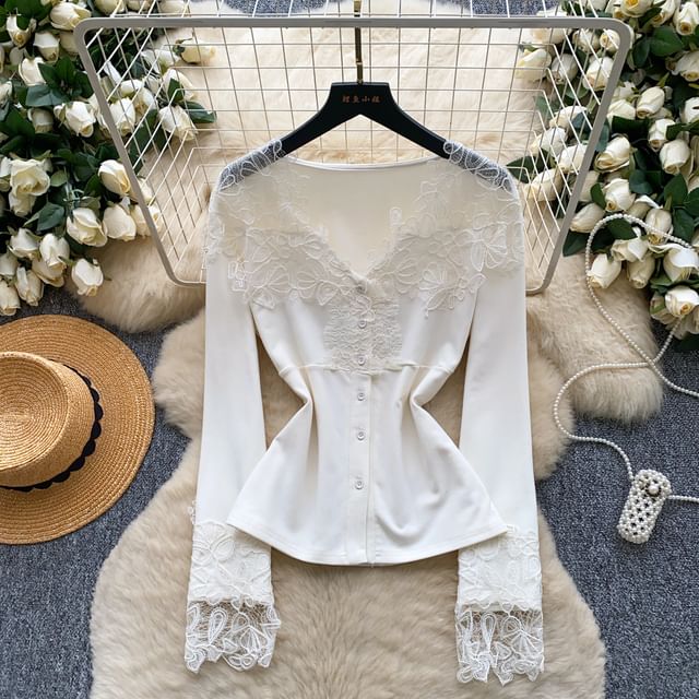 V-Neck Button Panel Lace Top