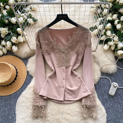 V-Neck Button Panel Lace Top