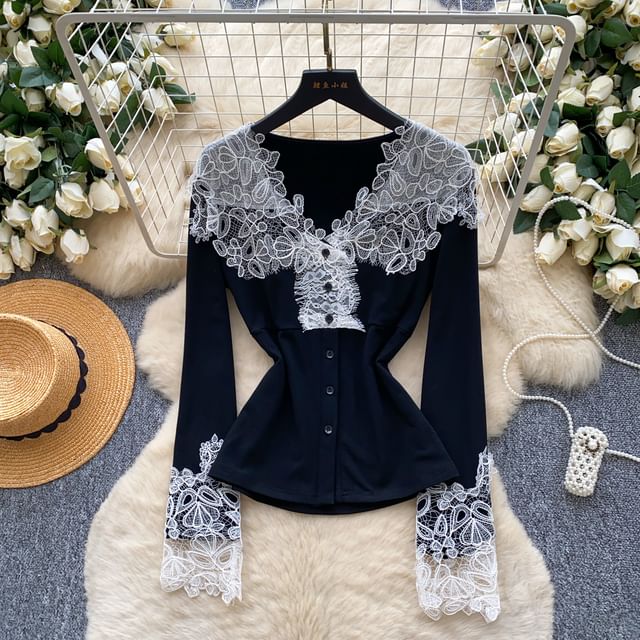 V-Neck Button Panel Lace Top