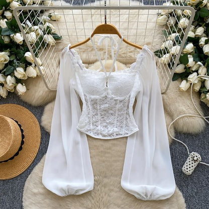 Balloon Sleeve Halter Square Neck Lace Top