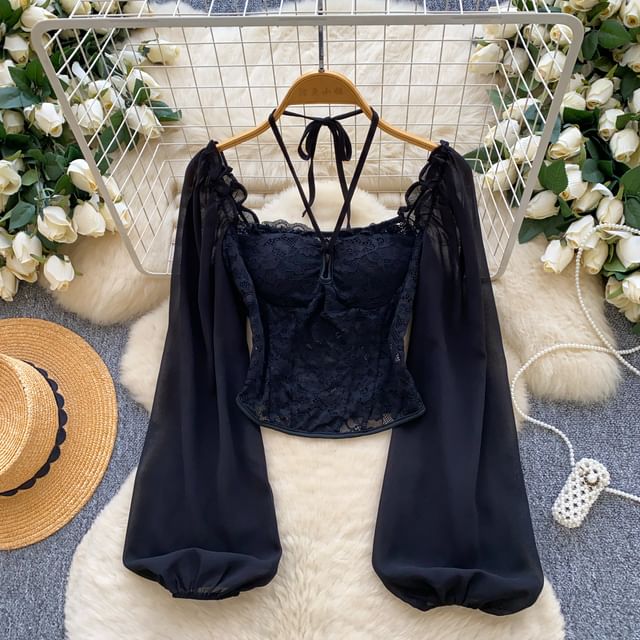 Balloon Sleeve Halter Square Neck Lace Top