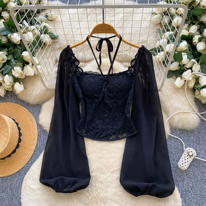 Balloon Sleeve Halter Square Neck Lace Top