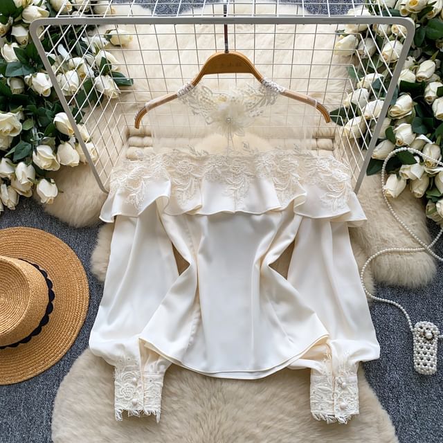Cold Shoulder Mock Neck Ruffle Lace Mesh Blouse