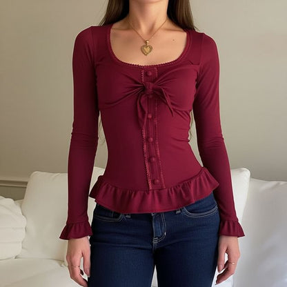 Square Neck Knotted Ruffled Lace Panel Slim-Fit Top