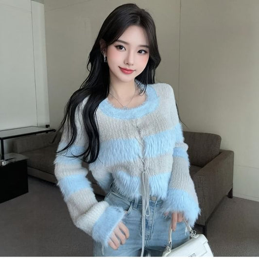 Crew Neck Striped Lace-Up Fluffy Knit Top