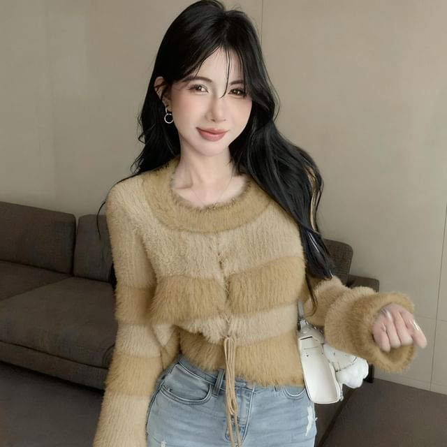 Crew Neck Striped Lace-Up Fluffy Knit Top