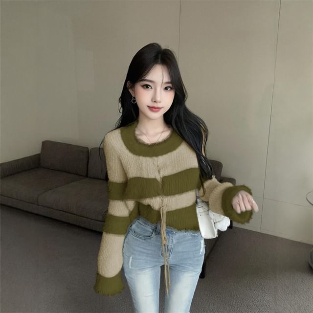 Crew Neck Striped Lace-Up Fluffy Knit Top