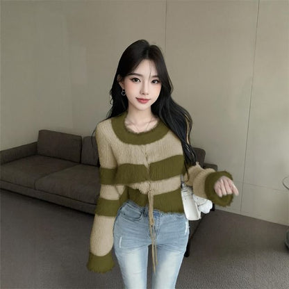 Crew Neck Striped Lace-Up Fluffy Knit Top