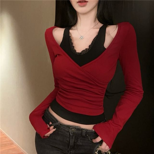 V-Neck Mock Two Piece Lace Trim Wrap Top