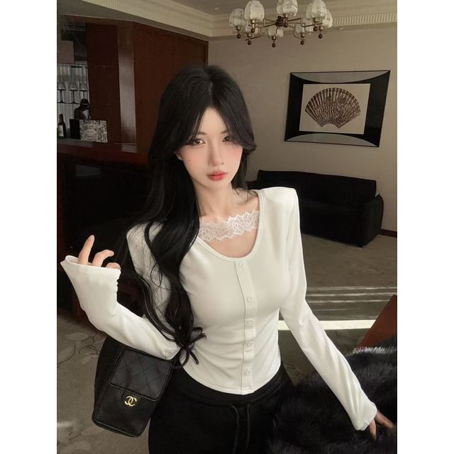 Scoop Neck Button Panel Lace Top