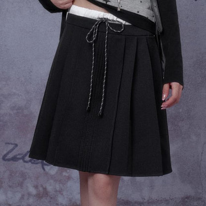 Drawstring Contrast Trim Pleated A-Line Skirt