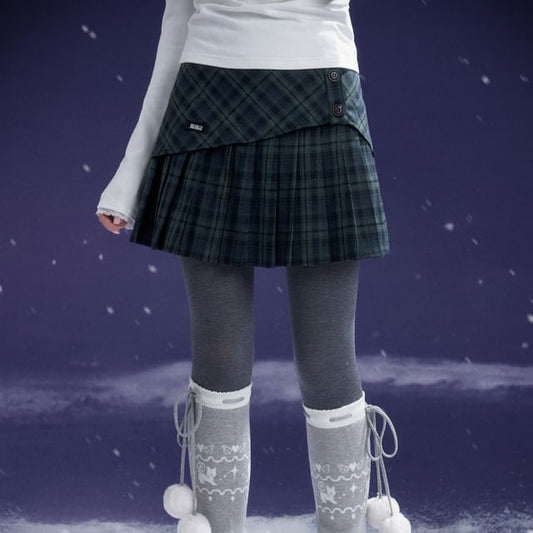 Plaid Pleated Mini A-Line Skirt - High Rise