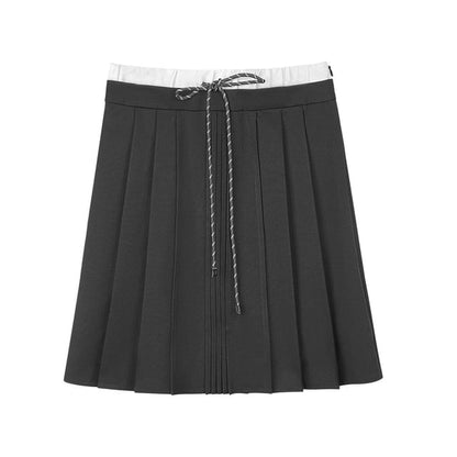 Drawstring Contrast Trim Pleated A-Line Skirt