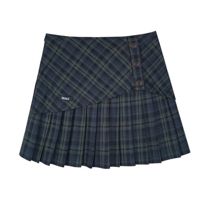 Plaid Pleated Mini A-Line Skirt - High Rise