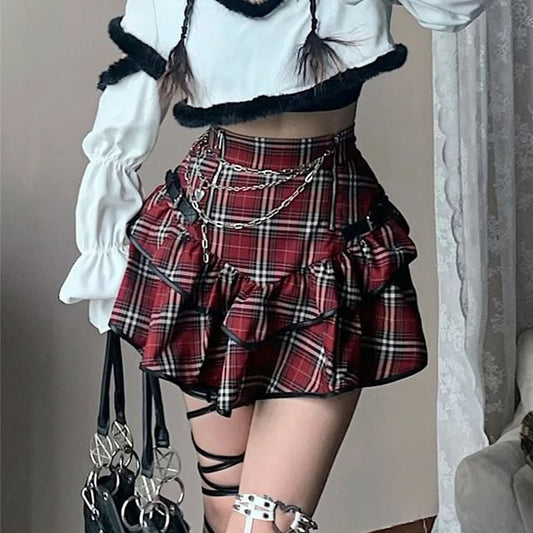 High Rise Plaid Ruffle Mini A-Line Skirt