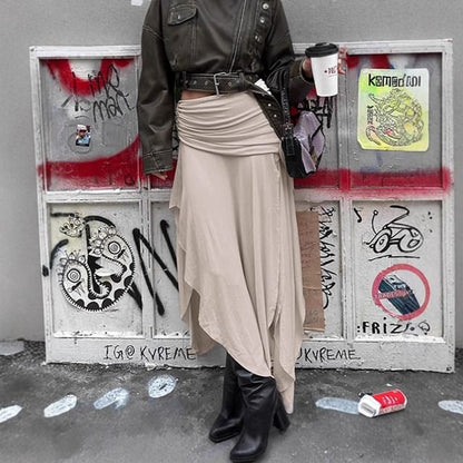 Low Waist Asymmetrical Ruched Maxi A-Line Skirt