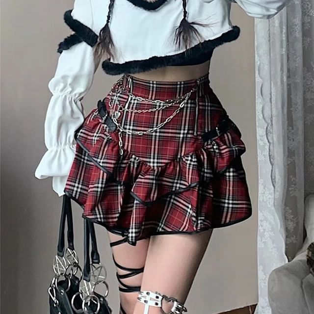 High Rise Plaid Ruffle Mini A-Line Skirt
