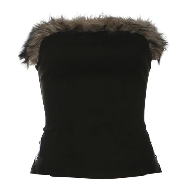 Faux Fur Trim Tube Top / Low Rise Mini Pencil Skirt