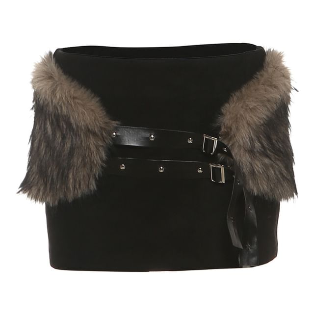 Faux Fur Trim Tube Top / Low Rise Mini Pencil Skirt