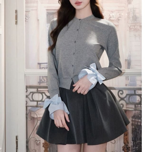 Extended Sleeve Crew Neck Solid Button Front Cardigan / High Rise Mini A-Line Skirt