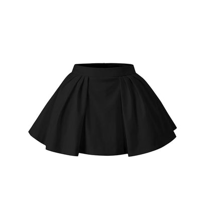 Extended Sleeve Crew Neck Solid Button Front Cardigan / High Rise Mini A-Line Skirt