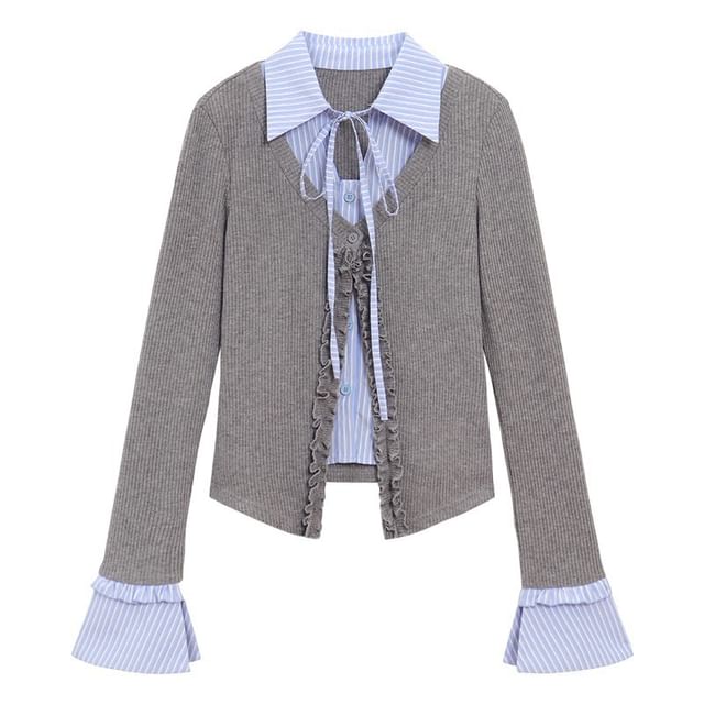 Extended Sleeve Mock Two Piece Collared Ruffled Trim Shirt / High Rise Mini Pleated Skirt