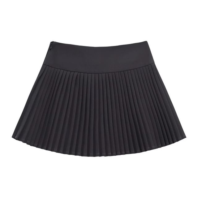 Extended Sleeve Mock Two Piece Collared Ruffled Trim Shirt / High Rise Mini Pleated Skirt