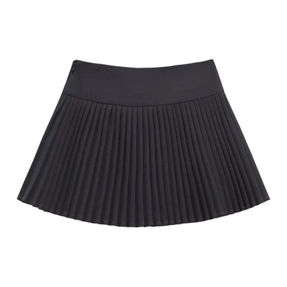 Extended Sleeve Mock Two Piece Collared Ruffled Trim Shirt / High Rise Mini Pleated Skirt