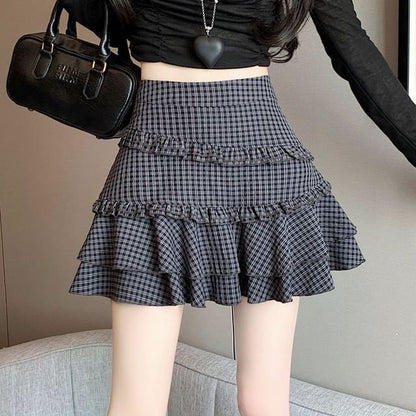 High Rise Plaid Ruffled Mini A-Line Skirt