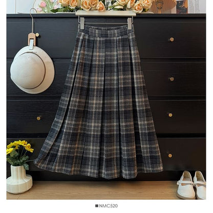 High Waist Plaid Maxi Pleated Long Skirt