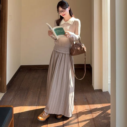 Collar Cable-Knit Sweater & High Waist Accordion Pleated Maxi A-Line Skirt Set