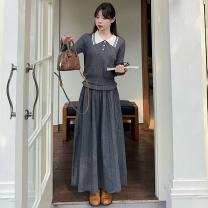Collar Cable-Knit Sweater & High Waist Accordion Pleated Maxi A-Line Skirt Set