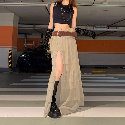 High Rise Slit Tiered Maxi A-Line Skirt