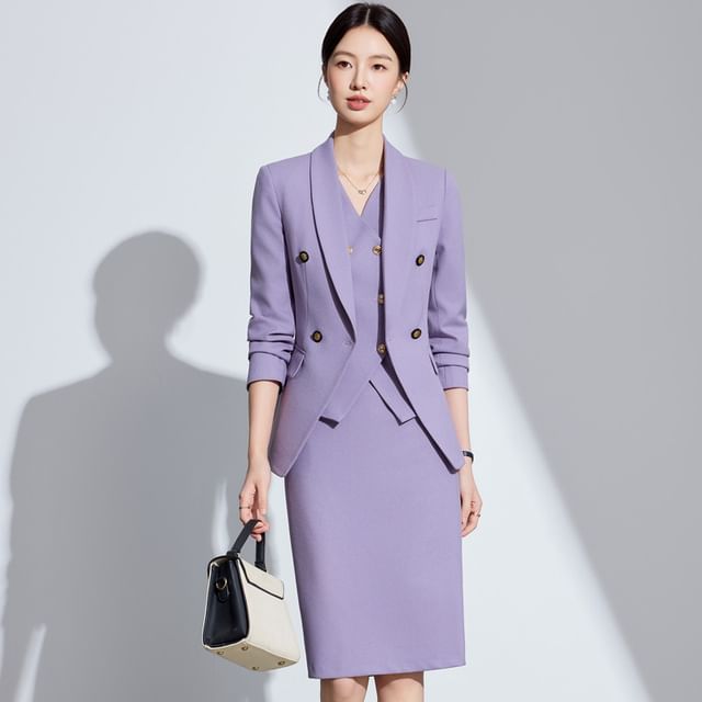 Shawl Lapel Solid Double Breasted Blazer / V-Neck Button Vest / High Rise Mini Pencil Skirt / Flared Suit Pants