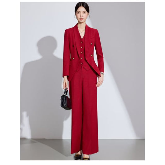 Double-Breasted Shawl Collar Blazer & Vest & Mini Skirt & Flared Pants Set