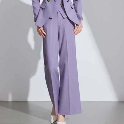 Shawl Lapel Solid Double Breasted Blazer / V-Neck Button Vest / High Rise Mini Pencil Skirt / Flared Suit Pants