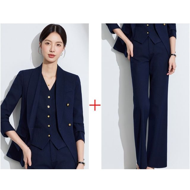 Double-Breasted Shawl Collar Blazer & Vest & Mini Skirt & Flared Pants Set