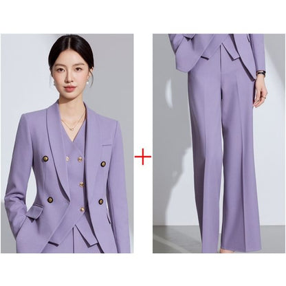 Double-Breasted Shawl Collar Blazer & Vest & Mini Skirt & Flared Pants Set