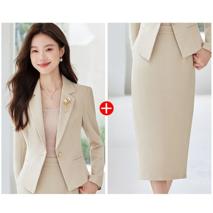 Notch Lapel Single-Breasted Blazer & Midi Pencil Skirt Set