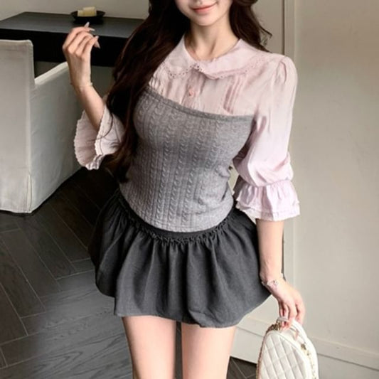Elbow-Sleeve Two Tone Lace Trim Mock Blouse & Mid Waist Mini A-Line Skirt