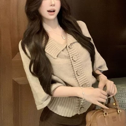 Elbow-Sleeve Collar Cardigan, High Waist Mini Pencil Skirt & Belt Set