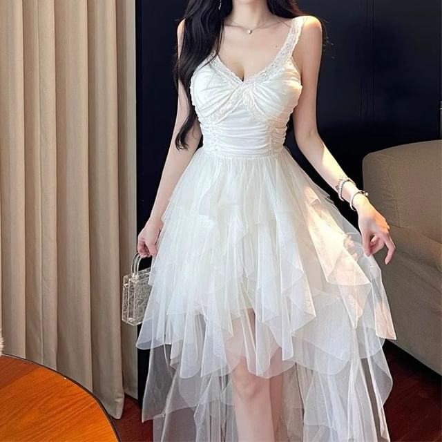 Spaghetti Strap V-Neck Plain Lace Sheer Panel Midi A-Line Dress