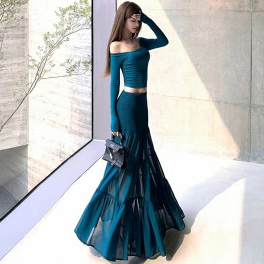 Extended Sleeve Off-Shoulder Solid Crop Tee / High Rise Solid Maxi A-Line Skirt