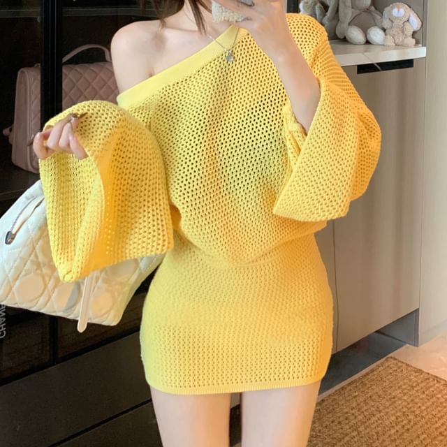 Off-Shoulder Solid Pointelle Knit Top / High Rise Mini Pencil Skirt Set