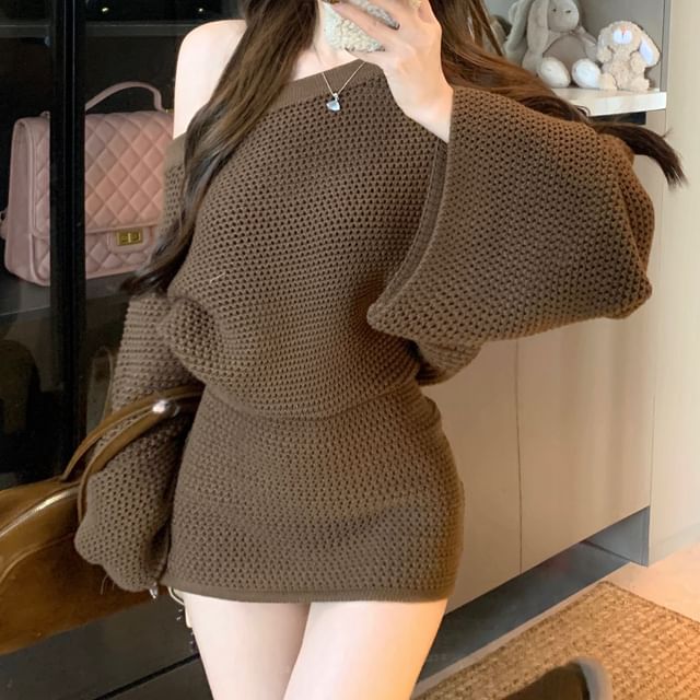 Off-Shoulder Solid Pointelle Knit Top / High Rise Mini Pencil Skirt Set